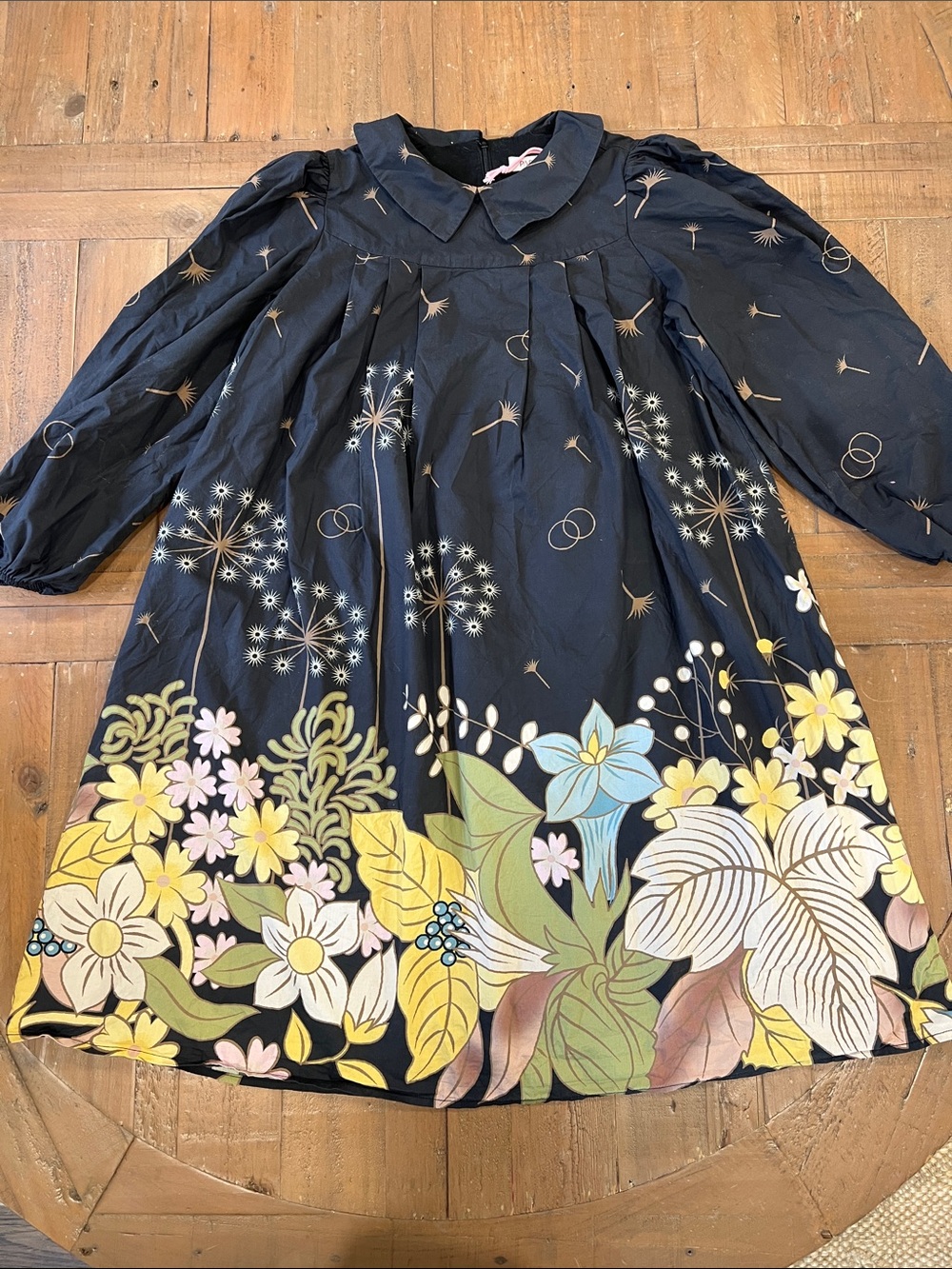 Papillon floral dandelion long sleeve grey dress size 12 Peter Pan collar modest